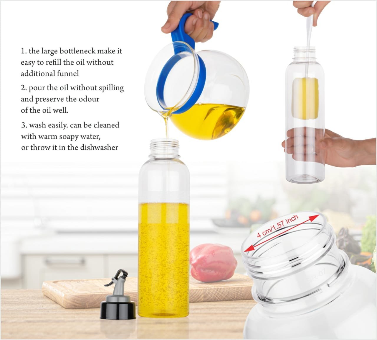 Clear oil dispenser with controlled spout, 1 liter Clear oil dispenser with controlled spout, 1 liter